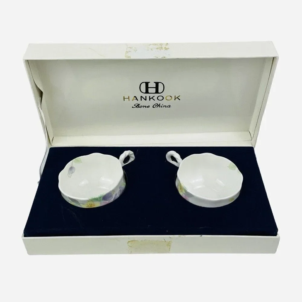 Hankook Bone China England Original Tech Teacup Saucers 2 Sets Korea NIB Floral